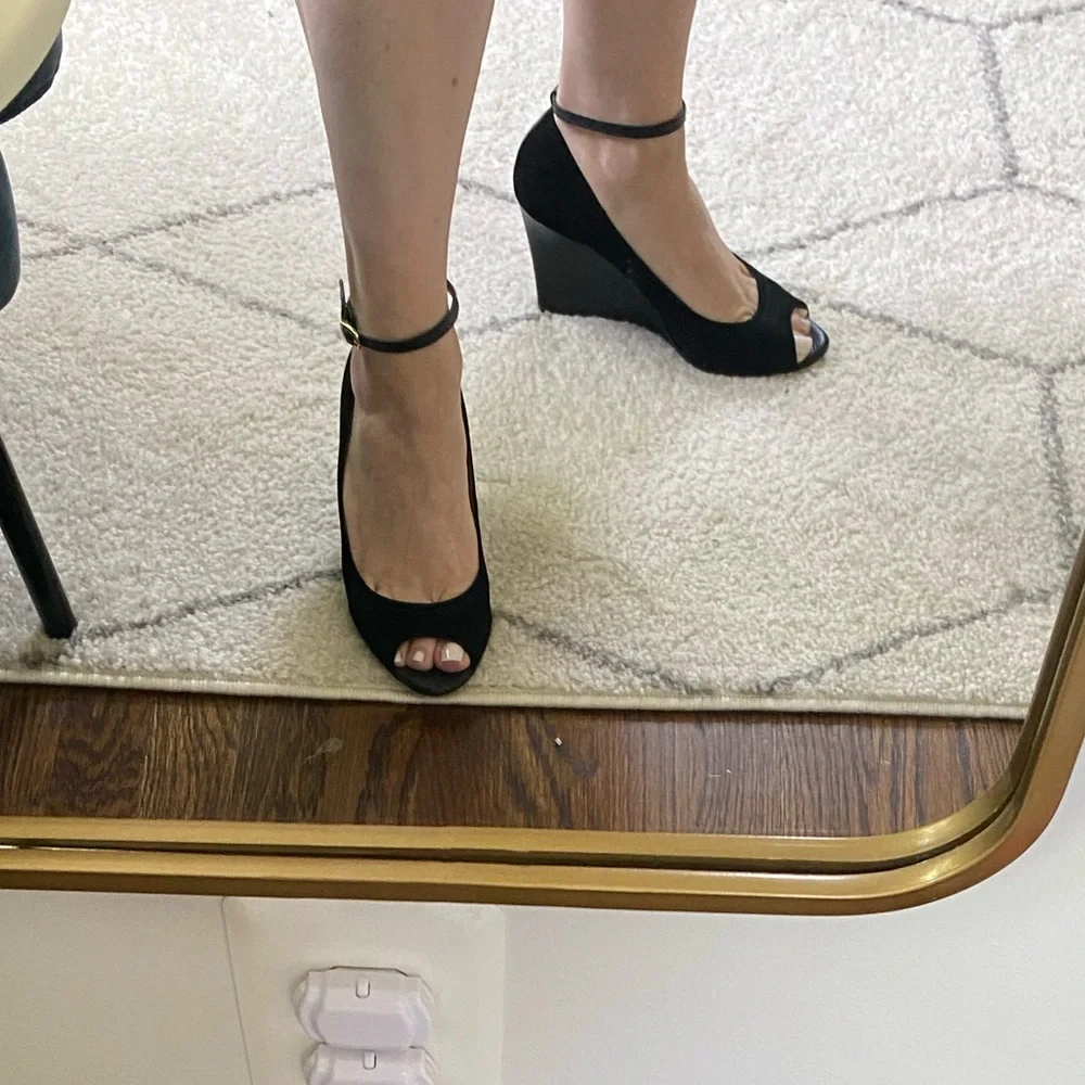 Ann Taylor Black Suede Peep Toe Wedges - Picture 11 of 13